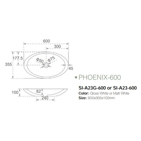 Solid Surface Basin Series Phoenix Above Counter Gloss White 600x355x100mm