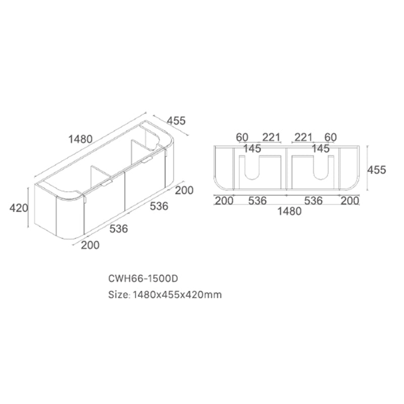 Plateau Series Wall Hung Double Bowl Matt White 1480x455x420mm CABINET ONLY