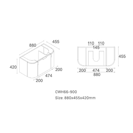 Plateau Series Wall Hung Natural Timber 880x455x420mm with Stone Top & Ceramic Undermount