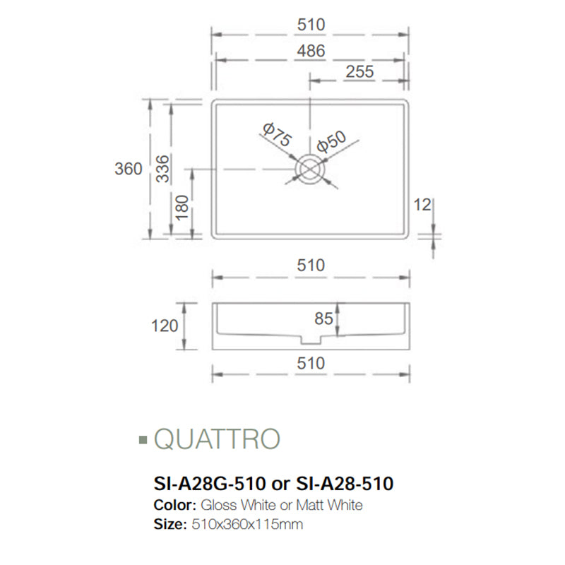 Solid Surface Basin Series Quattro Above Counter Matt White 510x360x115mm