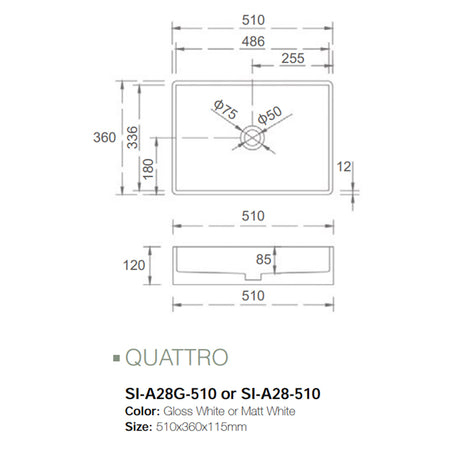 Solid Surface Basin Series Quattro Above Counter Gloss White 510x360x115mm