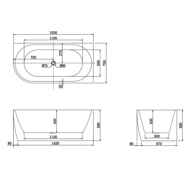 Gina Right Corner Bathtub 1500x750x580mm