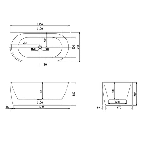 Gina Right Corner Bathtub 1500x750x580mm