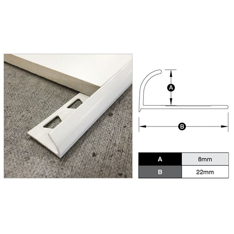 PVC Tile Trim - White 8mm x 2.5m