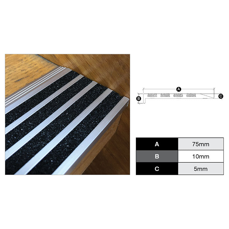 Aluminium Stair Trim With 4 Black Carborundum Strip Inserts (Mill Finish) 75mm x 10mm x 2.5m