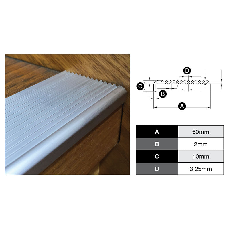 Aluminium Stair Trim With Grooves (Matte Silver) 50mm x 10mm x 2.5m
