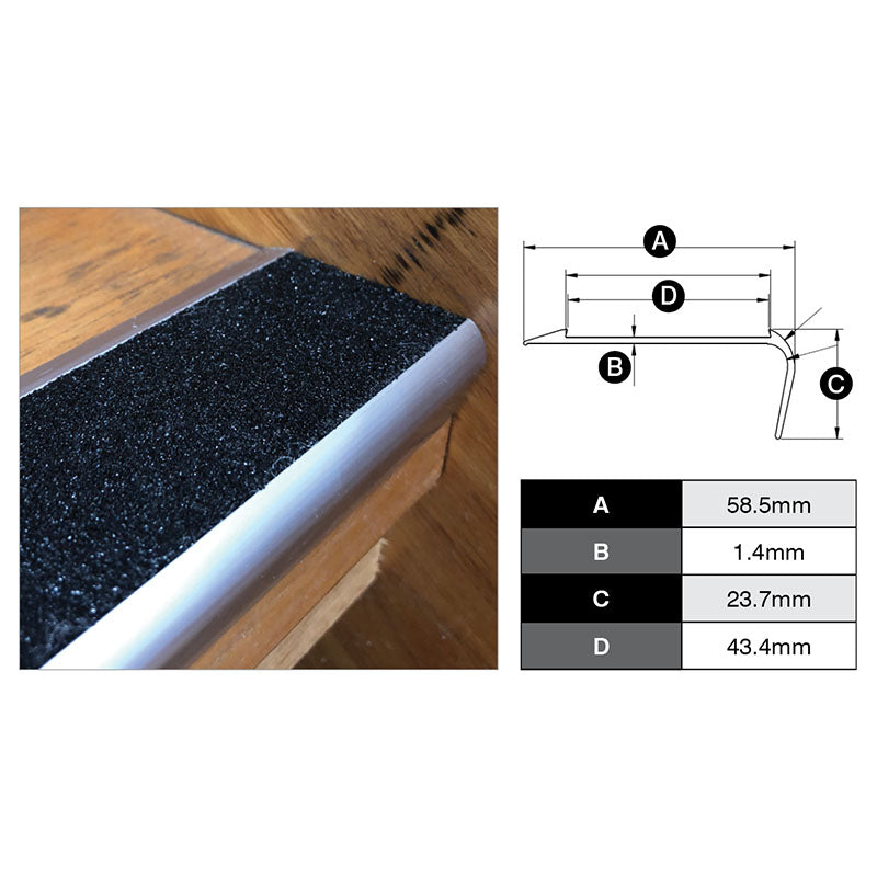 Aluminium Stair Trim With 1 Solid Black Carborundum Insert (Matte Silver) 58mm x 24mm x 2.5m
