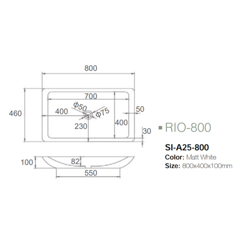 Solid Surface Basin Series Rio Above Counter Matt White 800x400x100mm