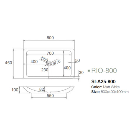 Solid Surface Basin Series Rio Above Counter Matt White 800x400x100mm