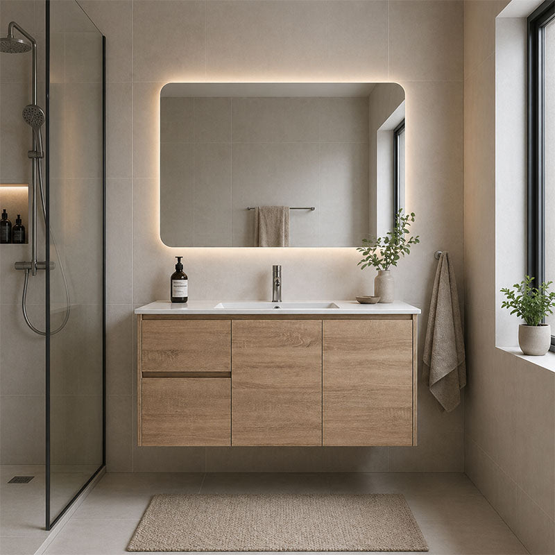 Oakdoo(Hung) Series Wall Hung Left Hand Drawer Prime Oak Overall 1180x455x520mm Vanity Set With Ceramic Slimline Top (UV31)