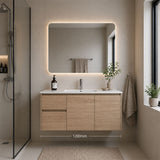 Oakdoo(Hung) Series Wall Hung Left Hand Drawer Natural Timber Overall 1180x455x520mm Vanity Set With Ceramic Slimline Top