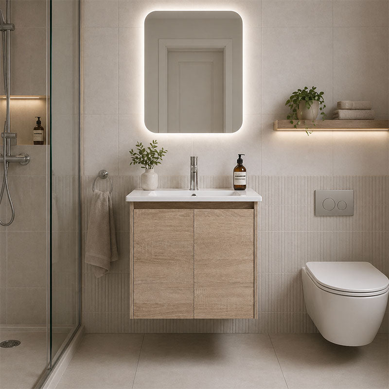 Oakdoo(Hung) Series Wall Hung Prime Oak Overall 580x455x520mm Vanity Set With Ceramic Slimline Top (UV31)