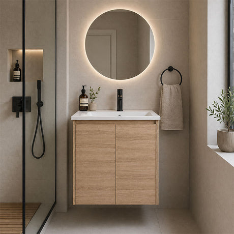 Oakdoo(Hung) Series Wall Hung Natural Timber Overall 580x455x520mm Vanity Set With Flat Stone Bench Top
