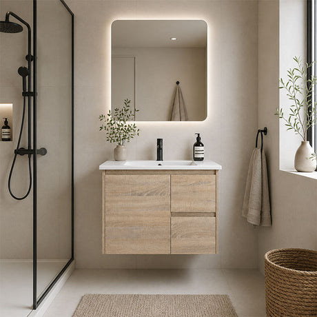 Oakdoo(Hung) Series Wall Hung Right Hand Drawer Prime Oak Overall 730x455x520mm Vanity Set With Stone Top & Ceramic Undermount Basin