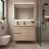 Oakdoo(Hung) Series Wall Hung Left Hand Drawer Prime Oak Overall 880x455x520mm Vanity Set With Flat Stone Bench Top