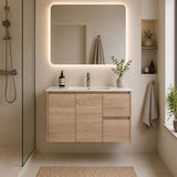 Oakdoo(Hung) Series Wall Hung Right Hand Drawer Natural Timber Overall 880x455x520mm Vanity Set With Stone Top & Ceramic Undermount Basin