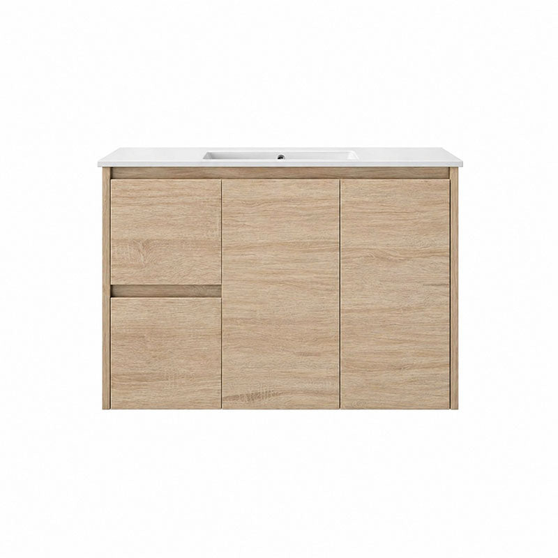 Oakdoo(Hung) Series Wall Hung Left Hand Drawer Natural Timber Overall 880x455x520mm Vanity Set With Flat Stone Bench Top