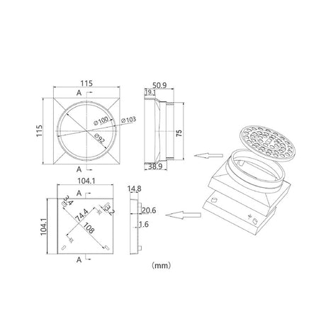 Tile Insert Shower Grate in Gun Metal 115x115mm