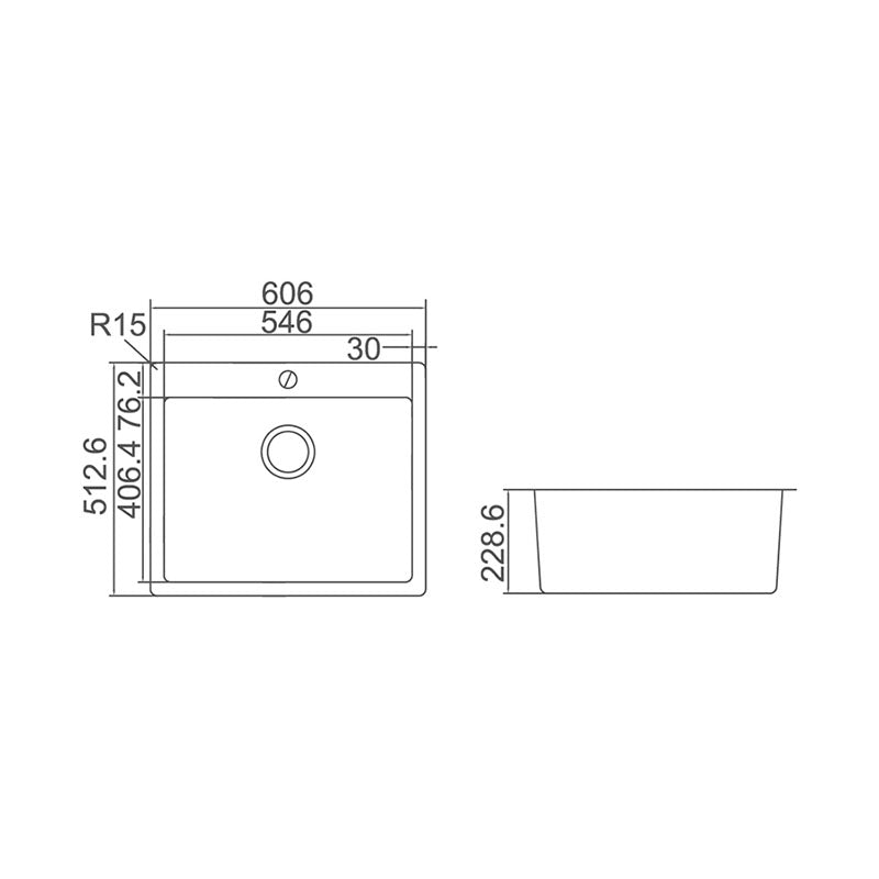 IMPACT Single Bowl 49L Counter Top Sink with Tap Hole - Waste Included 606x512x228mm