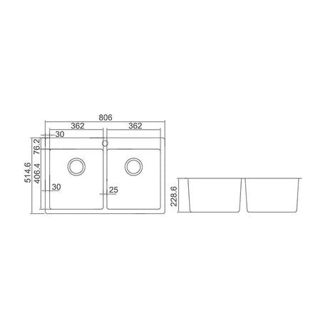 IMPACT Double Bowl (2x33L) Counter Top Sink with Tap Hole - Waste Included 806x514x228mm