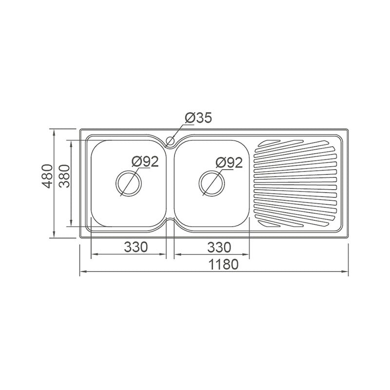 DANTE Square Edge Double Bowl (2x20L) Sink with Drainer - Waste Included (LHB or RHB) 1180x480x180mm
