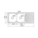 DANTE Square Edge Double Bowl (2x20L) Sink with Drainer - Waste Included (LHB or RHB) 1180x480x180mm