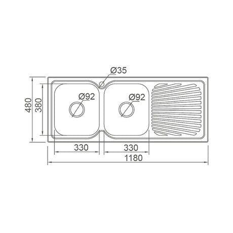 DANTE Square Edge Double Bowl (2x20L) Sink with Drainer - Waste Included (LHB or RHB) 1180x480x180mm