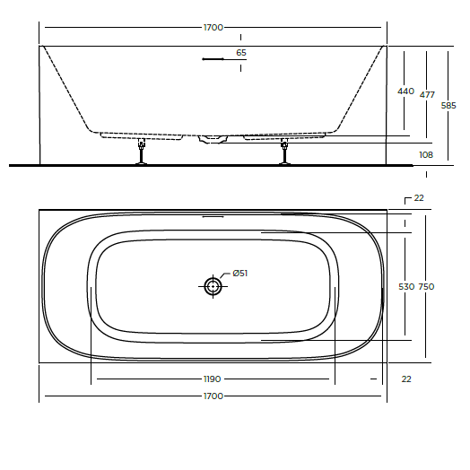 STUDIO FREESTANDING BATHTUB 1700x750x585mm