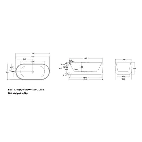 Nevada Collection Freestanding Bathtub 1700x800x600mm