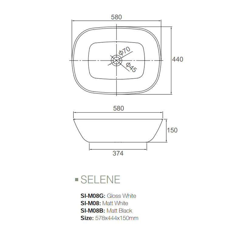 Solid Surface Basin Series Selene Above Counter Matt Black 578x444x150mm