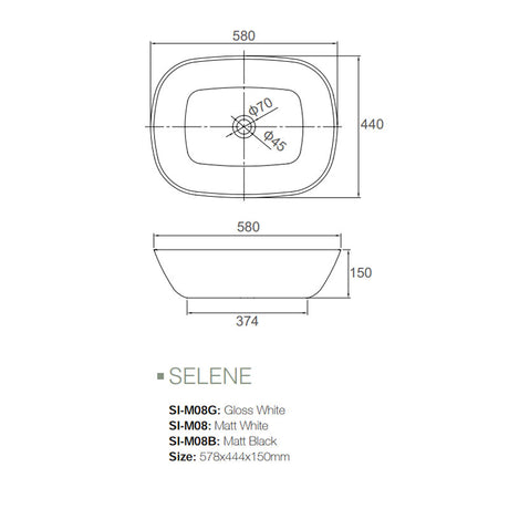 Solid Surface Basin Series Selene Above Counter Gloss White 578x444x150mm