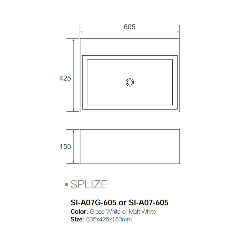 Solid Surface Basin Series Splize Above Counter Matt White 605x425x150mm