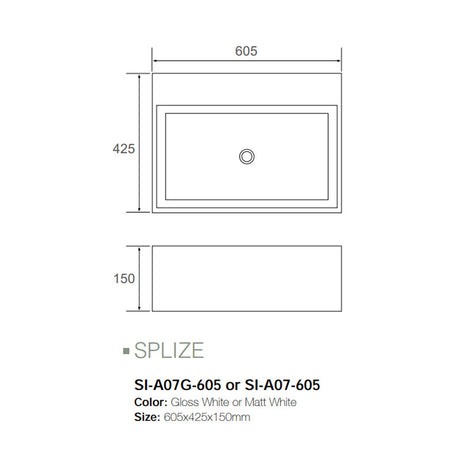 Solid Surface Basin Series Splize Above Counter Gloss White 605x425x150mm
