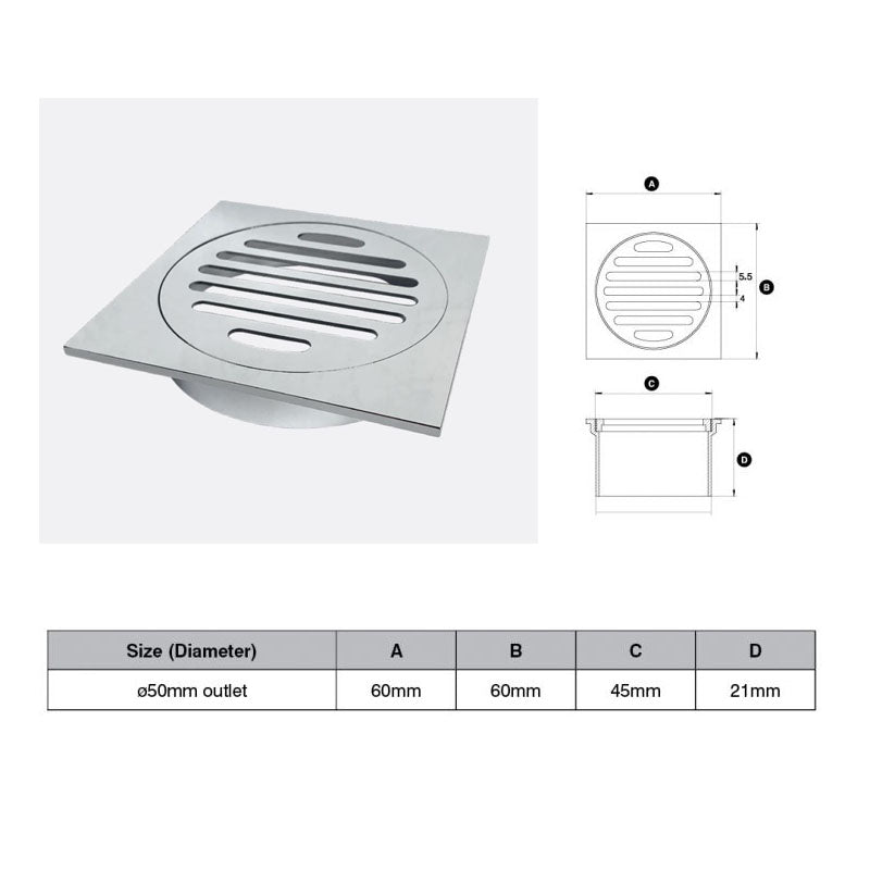 Brushed Nickel Square Floor Grate (Watermarked) 50mm Dia Outlet 60 x 60mm