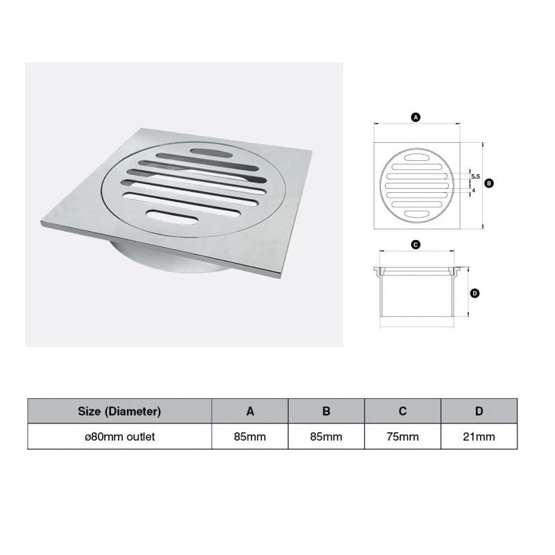 Brushed Nickel Square Floor Grate (Watermarked) 80mm Dia Outlet 85 x 85mm