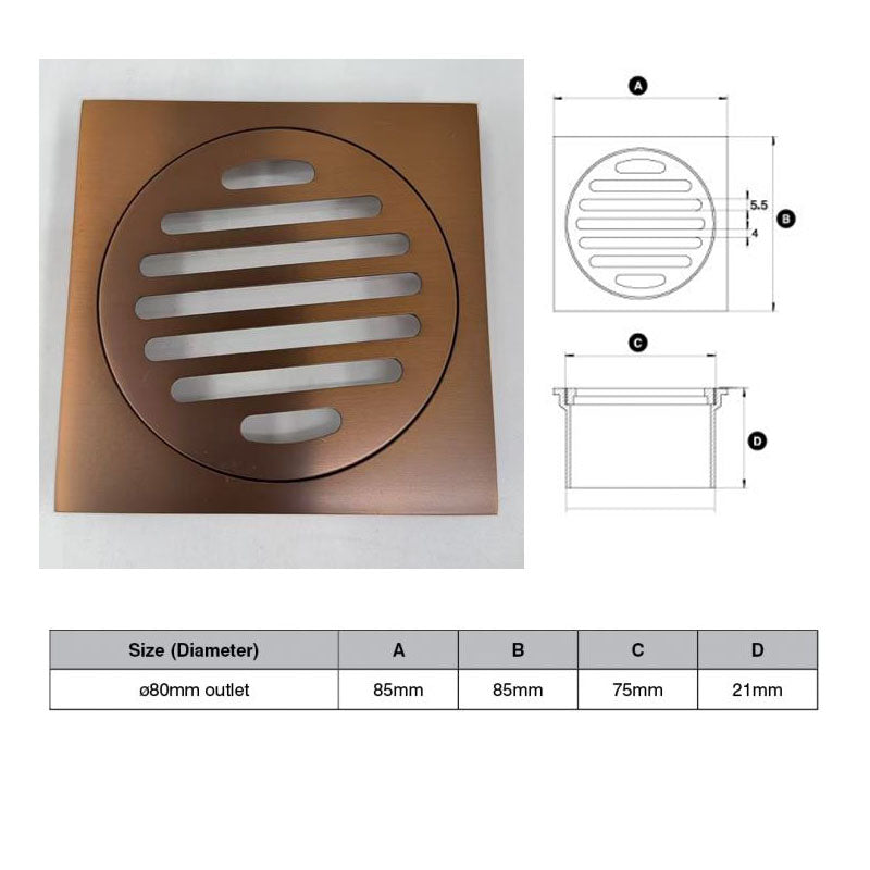 Brushed Copper Square Floor Grate (Watermarked) 80mm Dia Outlet 85 x 85mm