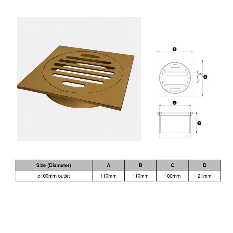 Matte Gold Square Floor Grate (Watermarked) 100mm Dia Outlet 110 x 110mm