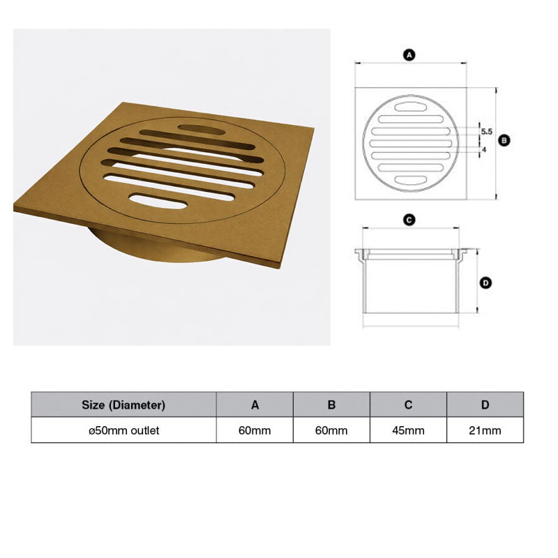 Gold Square Floor Grate (Watermarked) 50mm Dia Outlet 60 x 60mm