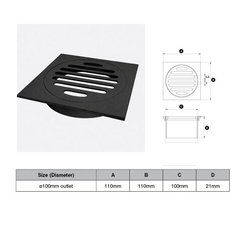 Matte Black Square Floor Grate (Watermarked) 100mm Dia Outlet 110 x 110mm