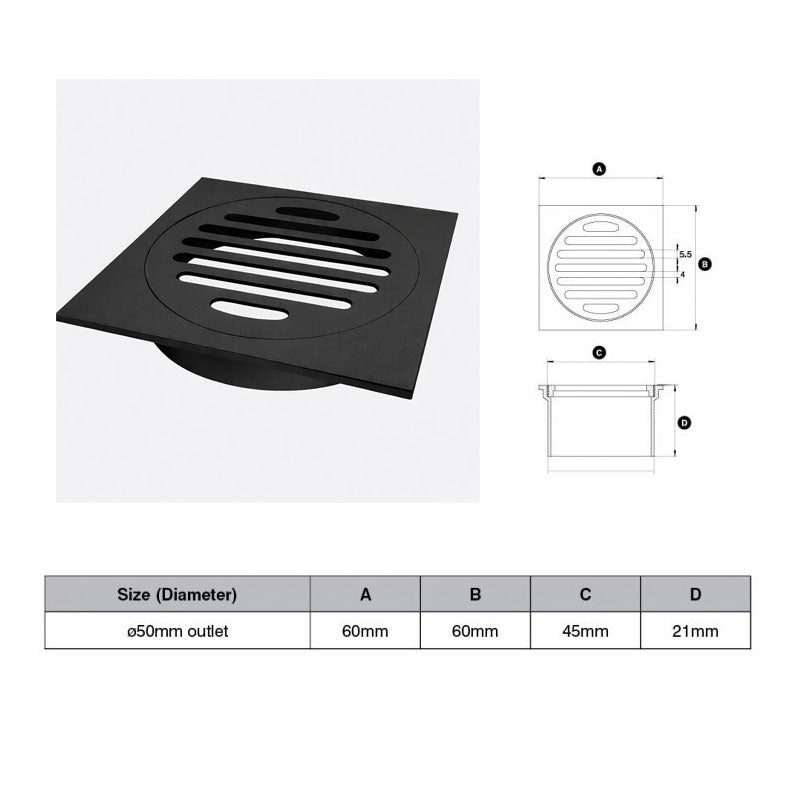 Matte Black Square Floor Grate (Watermarked) 50mm Dia Outlet 60 x 60mm