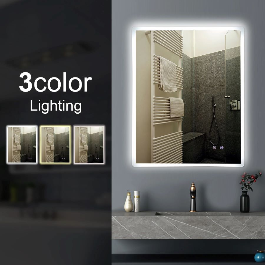 600x750mm Curved Rim 3 Color Lighting Backlit LED Mirror Touch Sensor Switch Defogger Pad Wall Mounted Vertical or Horizontal (Lighting on the rim)
