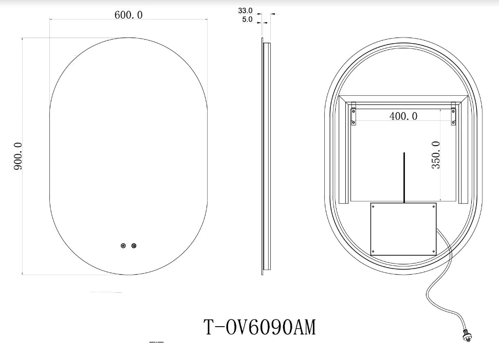 CAPSULE SHAPE BLACK FRAMED CARYSIL LED MIRROR 600X900MM