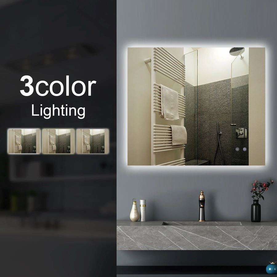 900*750mm Sharp Edge 3 Color Lighting Backlit Acrylic LED Mirror Touch Sensor Switch Defogger Pad Wall Mounted Vertical or Horizontal( Lighting on the back)