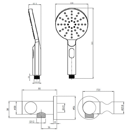 RAINJET Round 3 Function Shower Head on Bracket with Flexible Hose in Gun Metal