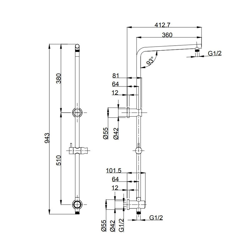 KENZO Multi Function Shower Rail (Elbow built in the Top Bracket) with Push Button Diverter Chrome Finish