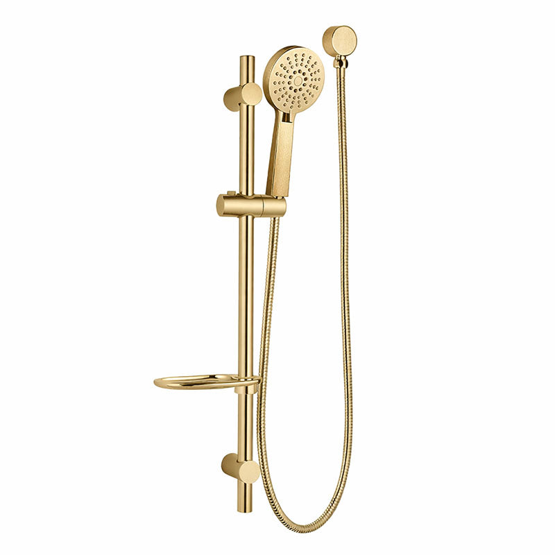 RAINJET Round 3 Function Shower Head on Rail with Flexible Hose and Soap Dish 1.5M Metal Hose and Round Elbow Included in Brushed Brass