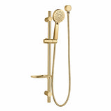 RAINJET Round 3 Function Shower Head on Rail with Flexible Hose and Soap Dish 1.5M Metal Hose and Round Elbow Included in Brushed Brass