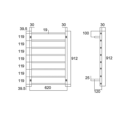 BIANCO Square 8 Bar Non Heated Towel Ladder in Chrome 912x620x120mm