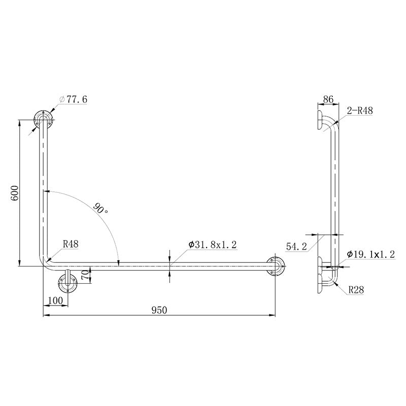 MOBI CARE Grab Rail in Matte Black 950x600mm - Right Hand