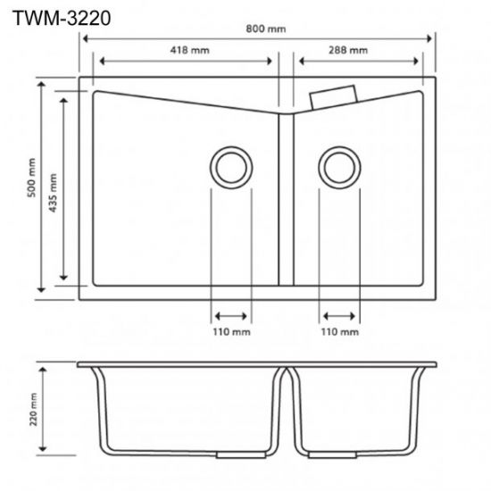 800x500mm Black Granite Double Bowl Kitchen Sink